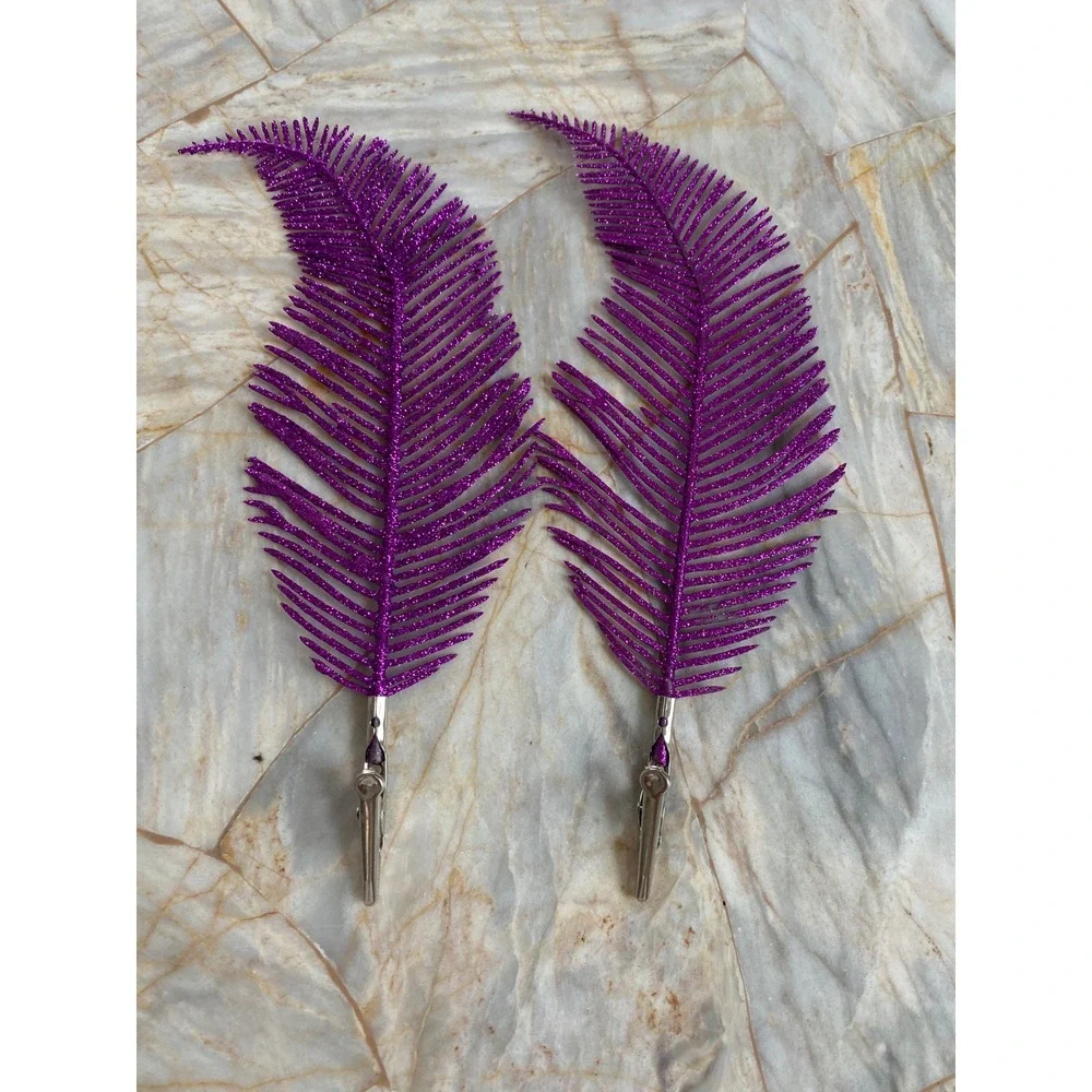Set of 4 Glitter Feather Hair Clips Teal Blue and Purple Plume Alligator Clips